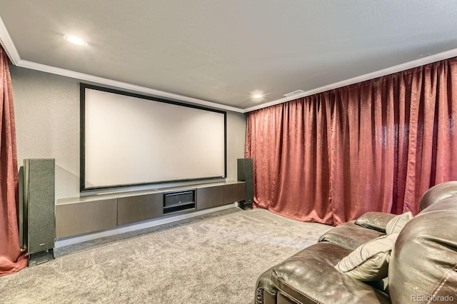 home theater featuring carpet flooring, ornamental molding, and recessed lighting