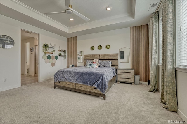 17194 Desert Wine Ln, Parker, CO 80134 - carpeted bedroom with crown molding, recessed lighting, ceiling fan, and a tray ceiling