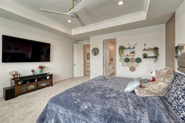 17194 Desert Wine Ln, Parker, CO 80134 - bedroom featuring carpet, ornamental molding, a tray ceiling, recessed lighting, and ensuite bathroom