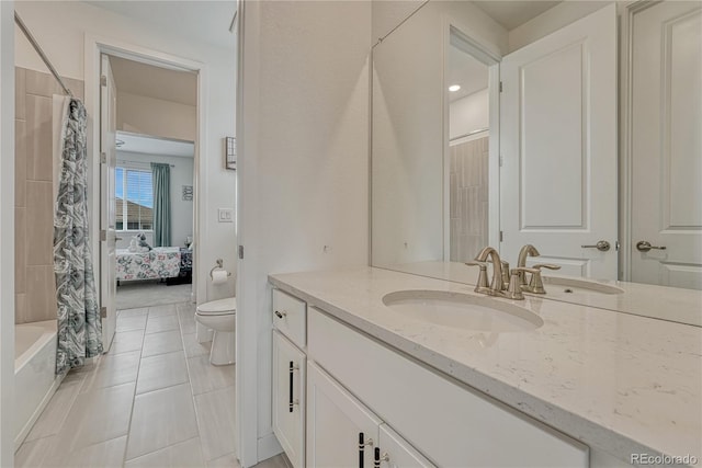 17194 Desert Wine Ln, Parker, CO 80134 - bathroom with vanity, tile patterned floors, and shower / bath combo with shower curtain