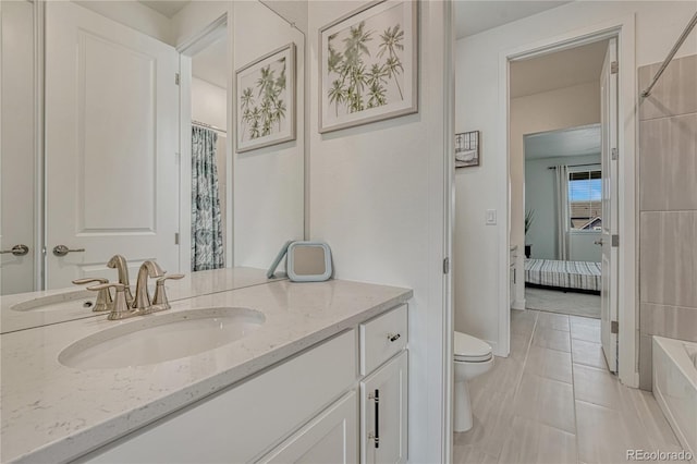 17194 Desert Wine Ln, Parker, CO 80134 - bathroom featuring vanity, tile patterned floors, a tub to relax in, and curtained shower