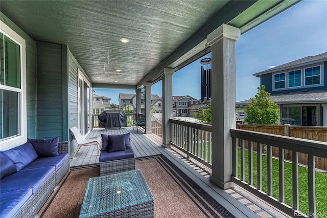 17194 Desert Wine Ln, Parker, CO 80134 - wooden terrace with an outdoor hangout area, a residential view, and area for grilling