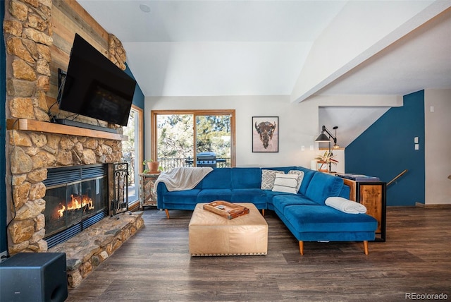 living room featuring a fireplace, vaulted ceiling with beams, and dark hardwood / wood-style flooring