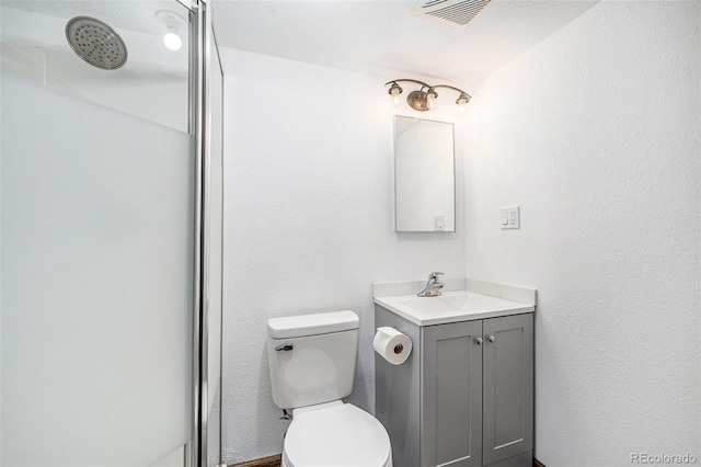 bathroom featuring a shower, vanity, and toilet