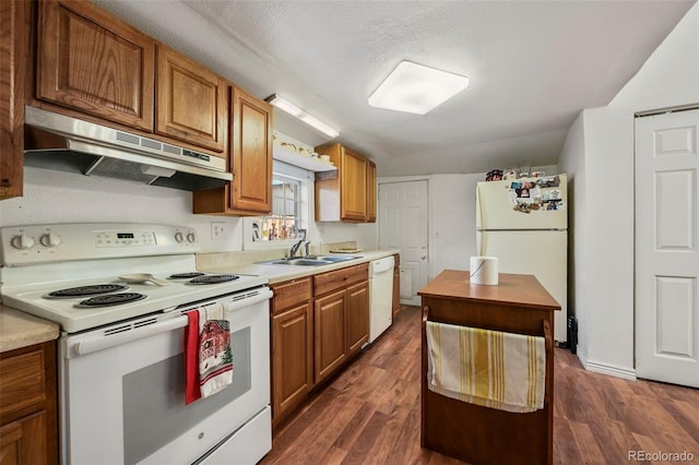 kitchen with a textured ceiling, sink, dark hardwood / wood-style floors, and white appliances