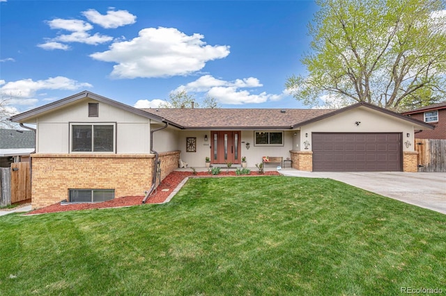 single story home featuring fence, a front lawn, brick siding, a garage, and driveway