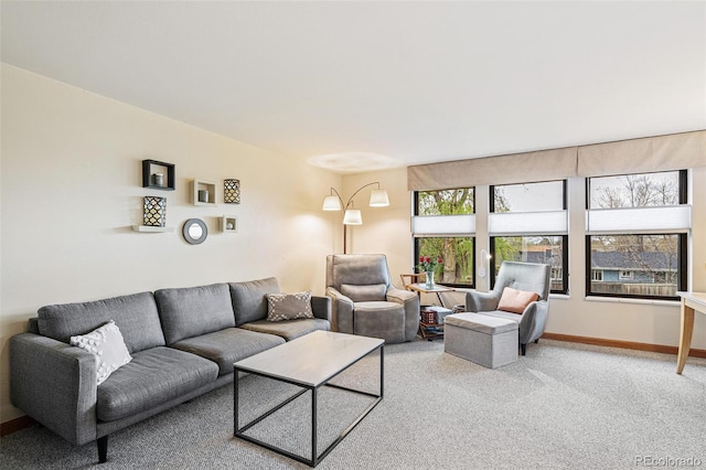 living area with baseboards and carpet flooring