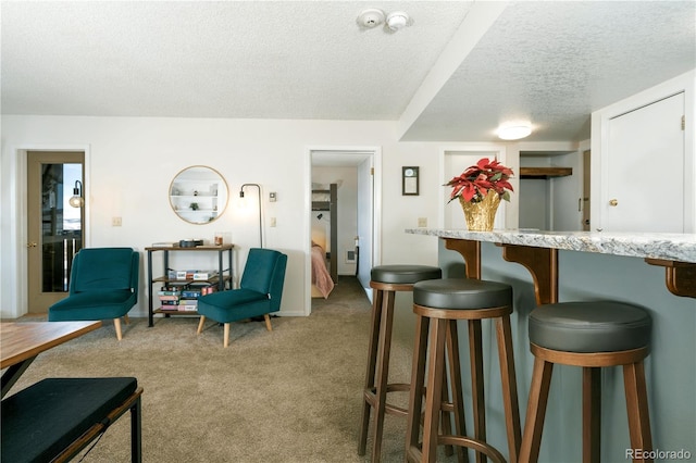 interior space with a kitchen bar, light carpet, and a textured ceiling