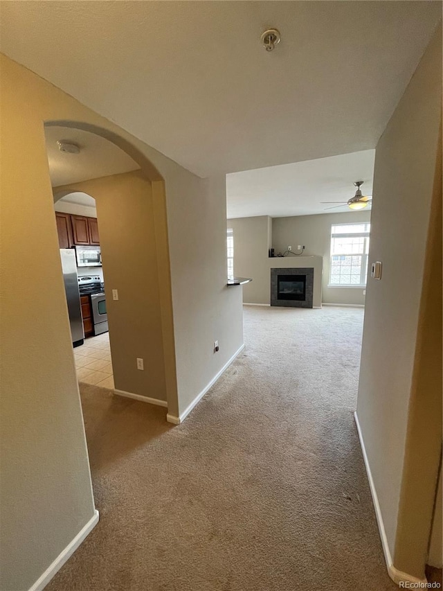 17346 Nature Walk Trl Unit 201, Parker, CO 80134 - hall featuring light colored carpet, arched walkways, and baseboards