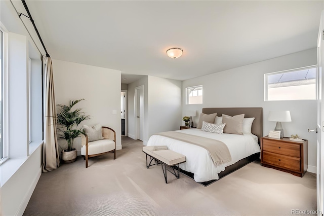 bedroom featuring multiple windows and light carpet