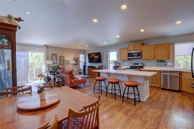 20194 Robins Dr, Denver, CO 80249 - kitchen featuring stainless steel appliances, plenty of natural light, light countertops, light wood-type flooring, and recessed lighting