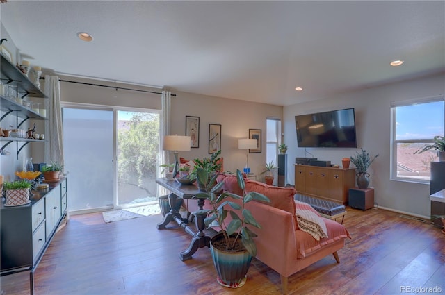 20194 Robins Dr, Denver, CO 80249 - living area with hardwood / wood-style floors, recessed lighting, and baseboards