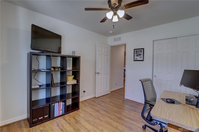 20194 Robins Dr, Denver, CO 80249 - office area featuring a ceiling fan, wood finished floors, and baseboards