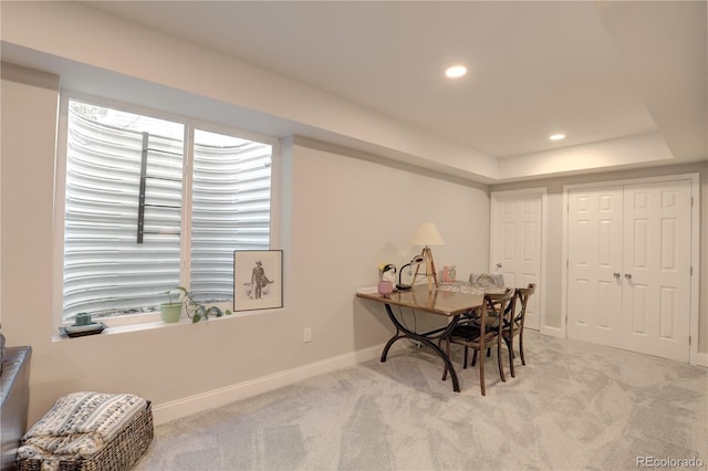 20194 Robins Dr, Denver, CO 80249 - dining room featuring carpet, baseboards, recessed lighting, and a tray ceiling