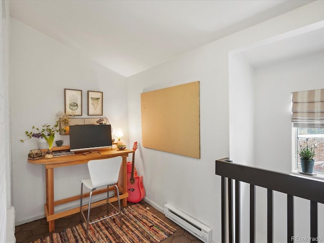 3914 Osage St, Denver, CO 80211 - home office with a baseboard heating unit, baseboards, and tile patterned flooring