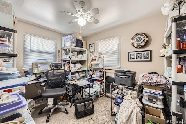 home office featuring plenty of natural light, carpet, and ceiling fan