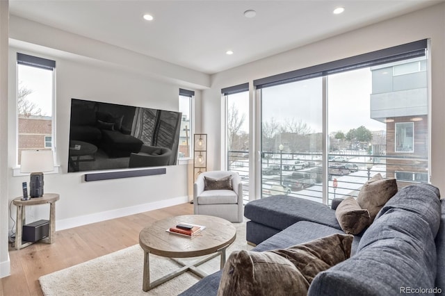 living room featuring plenty of natural light and light hardwood / wood-style floors