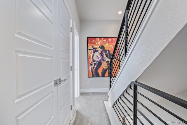 staircase featuring carpet flooring