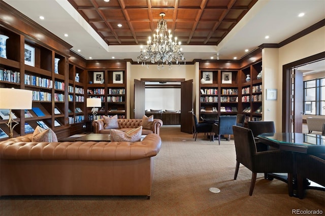 sitting room with a notable chandelier, coffered ceiling, light carpet, and crown molding