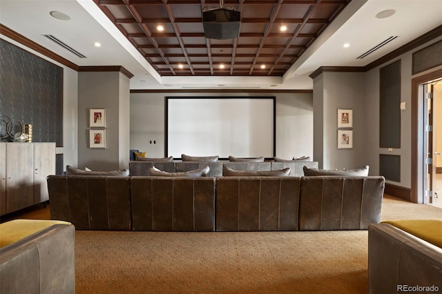 cinema featuring crown molding, coffered ceiling, carpet, and beamed ceiling