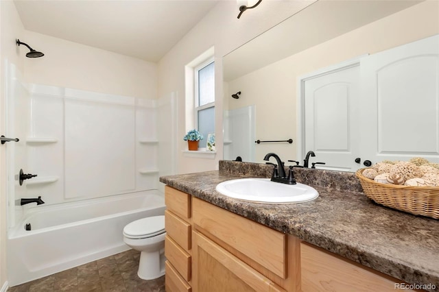 bathroom with toilet, shower / tub combination, tile patterned flooring, and vanity