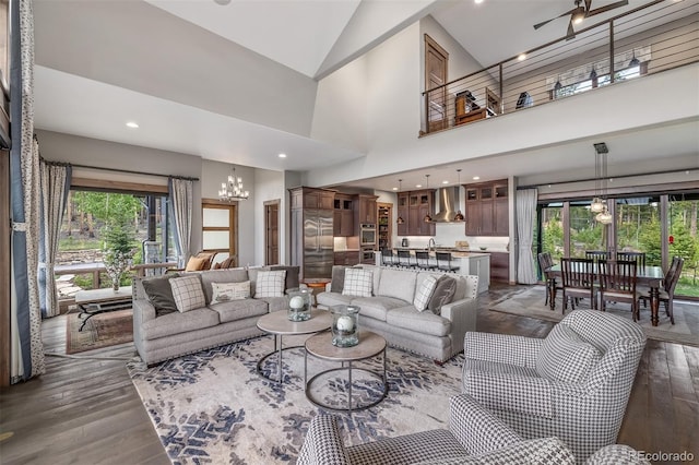 60 Barton Ridge Dr, Breckenridge, CO 80424 - living room featuring a chandelier, dark wood-type flooring, high vaulted ceiling, and recessed lighting
