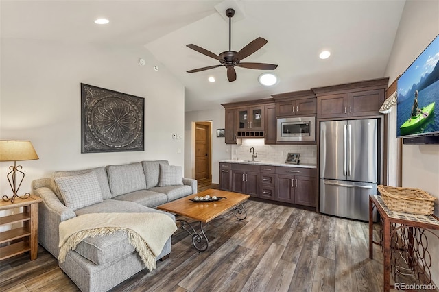 60 Barton Ridge Dr, Breckenridge, CO 80424 - living room featuring lofted ceiling, a ceiling fan, dark wood-style floors, and recessed lighting