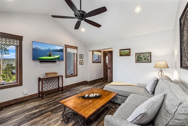 60 Barton Ridge Dr, Breckenridge, CO 80424 - living area with high vaulted ceiling, wood finished floors, recessed lighting, and a ceiling fan