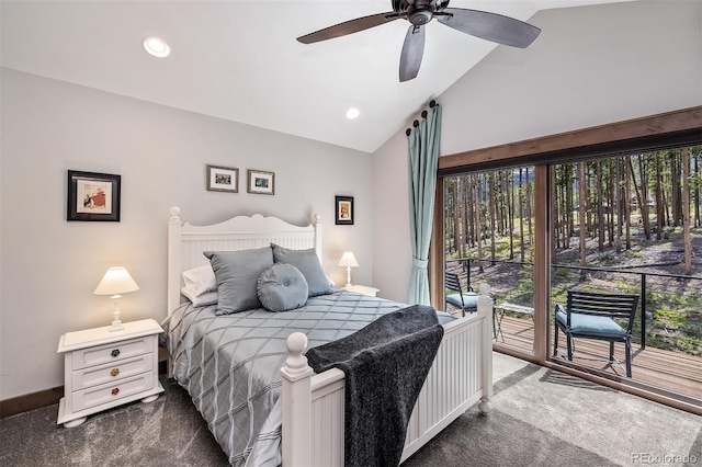 60 Barton Ridge Dr, Breckenridge, CO 80424 - bedroom with dark carpet, vaulted ceiling, access to outside, recessed lighting, and a ceiling fan