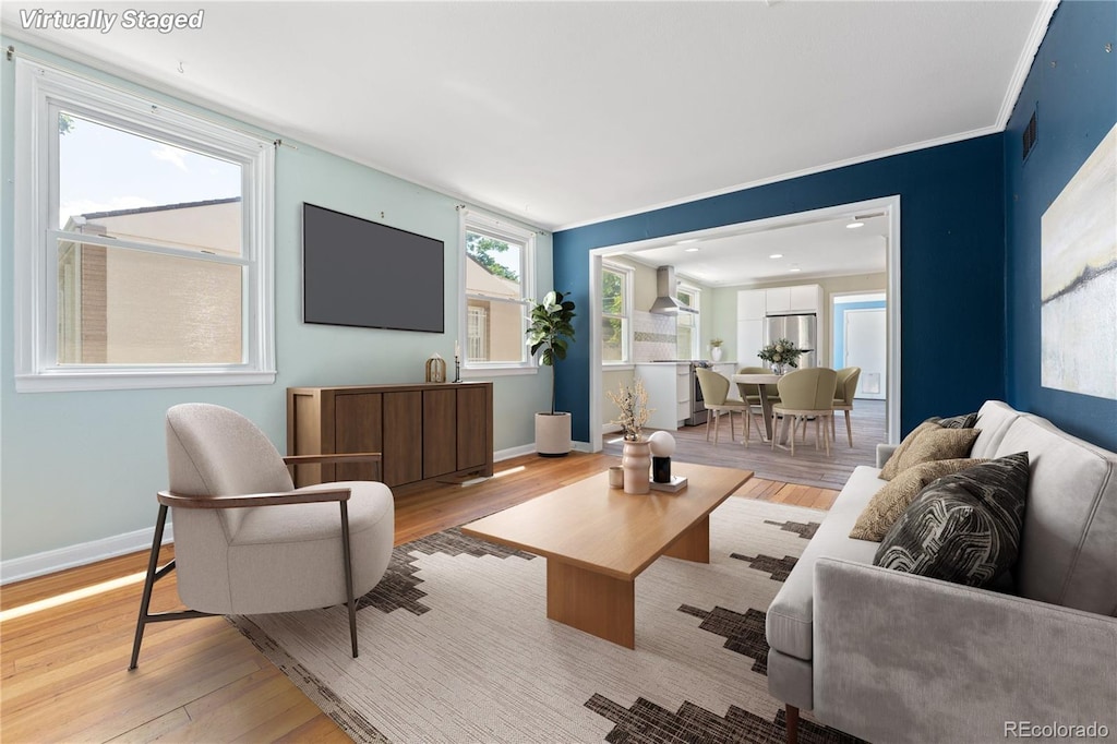 living room featuring crown molding and light hardwood / wood-style flooring