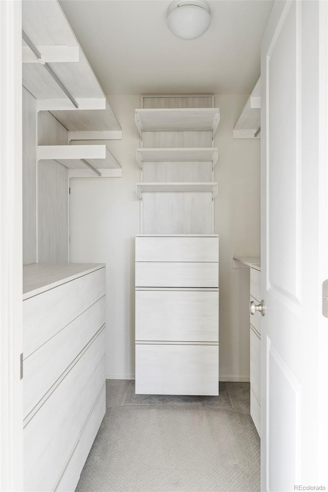 walk in closet featuring light carpet