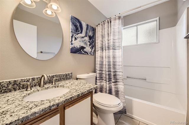 full bathroom with shower / bath combination with curtain, vanity, toilet, and tile patterned flooring