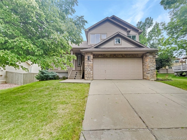 view of front of house featuring stone siding, a front lawn, and concrete driveway