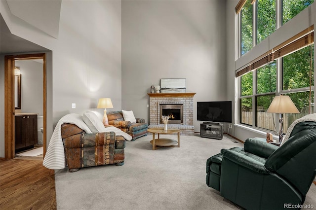 6285 Moccasin Pass Ct, Colorado Springs, CO 80919 - living room featuring a high ceiling, a fireplace, and wood finished floors