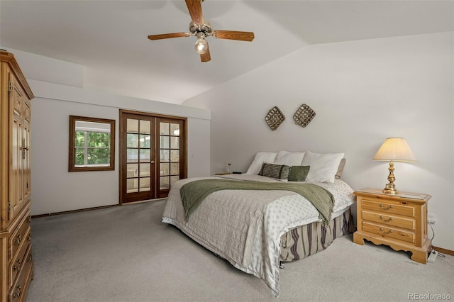 6285 Moccasin Pass Ct, Colorado Springs, CO 80919 - bedroom featuring lofted ceiling, carpet, access to exterior, a ceiling fan, and french doors