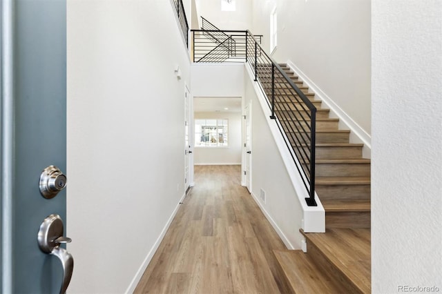 foyer with wood-type flooring and a high ceiling