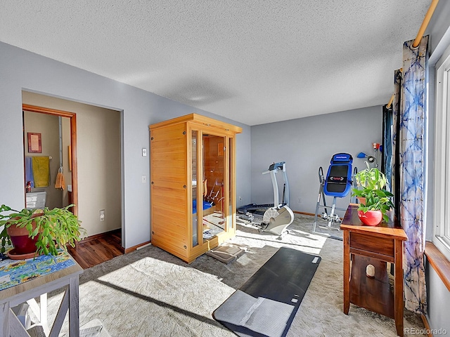 interior space featuring multiple windows, hardwood / wood-style floors, and a textured ceiling