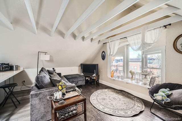 living room featuring vaulted ceiling with beams and wood finished floors