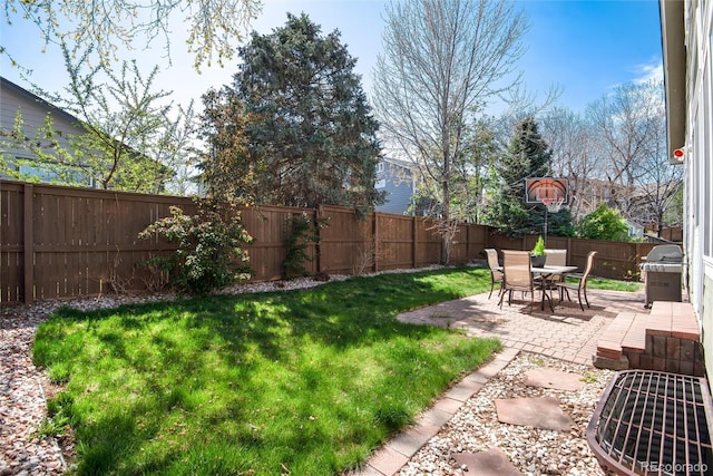 view of yard with a fenced backyard and a patio area