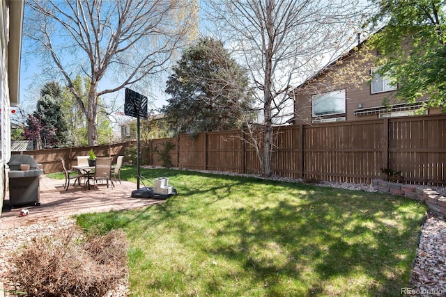 view of yard featuring a patio and a fenced backyard