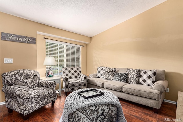 living room featuring vaulted ceiling, a textured ceiling, and dark hardwood / wood-style floors