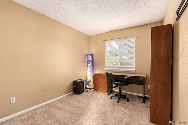 home office with light colored carpet and a textured ceiling