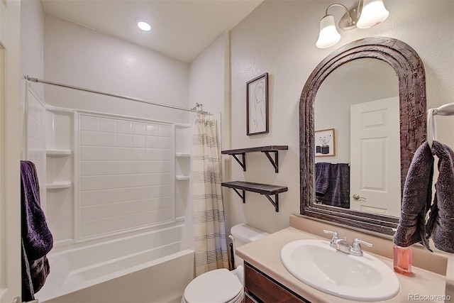 full bathroom featuring toilet, shower / tub combo, and vanity