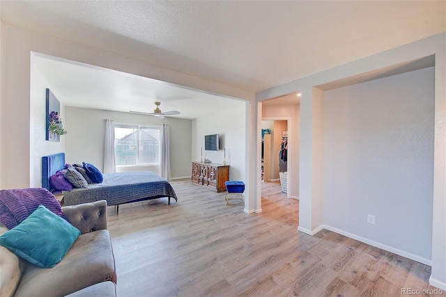 living room with ceiling fan and light hardwood / wood-style flooring