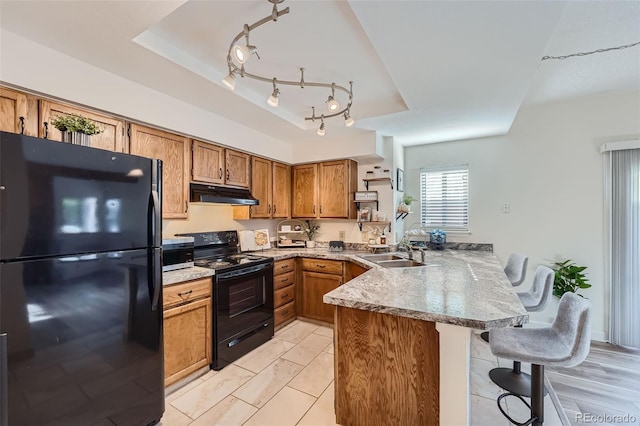 kitchen featuring a raised ceiling, track lighting, sink, kitchen peninsula, and black appliances