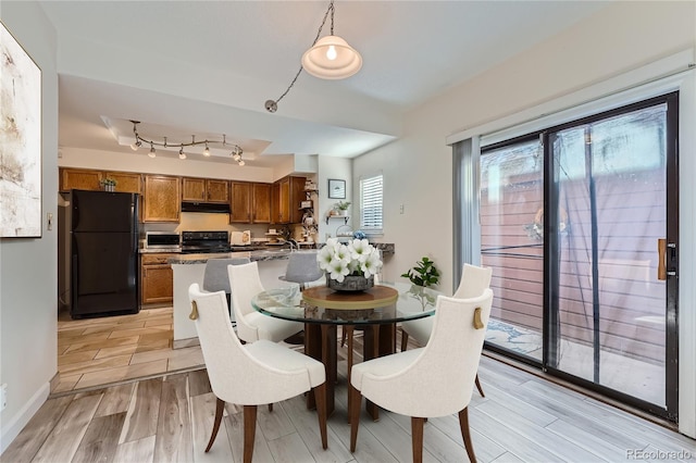 dining space featuring track lighting and light hardwood / wood-style flooring