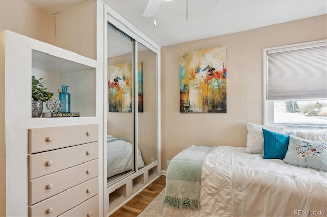 bedroom featuring wood-type flooring, a closet, and ceiling fan