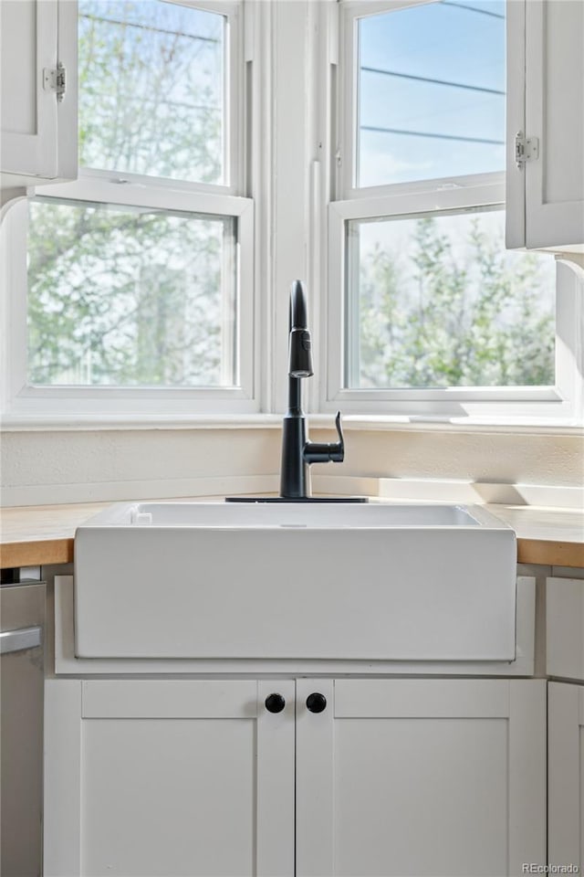details featuring a sink, white cabinets, and wooden counters