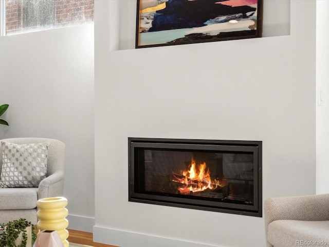 living area with wood finished floors, a glass covered fireplace, and baseboards
