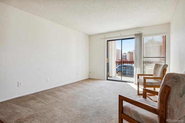 living area featuring carpet floors and a textured ceiling